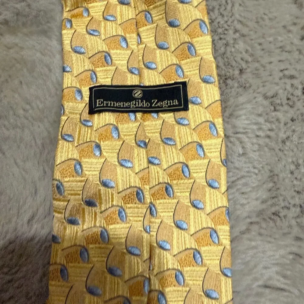 Ermenegildo Zegna 100% Silk Tie Made Italy‎ Gold Pattern Men’s Necktie Designer